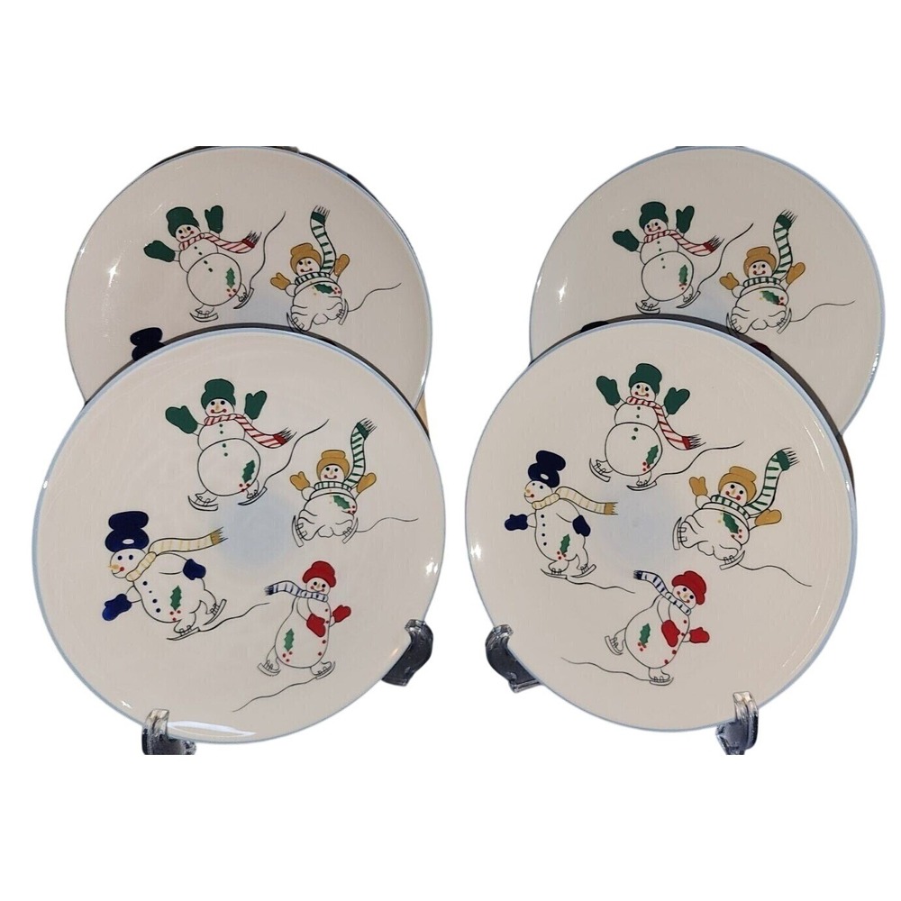 Temptations Snowman Salad/Dessert Plates 7.5" Set Of 4 Porcelain Winter Fun Holi
